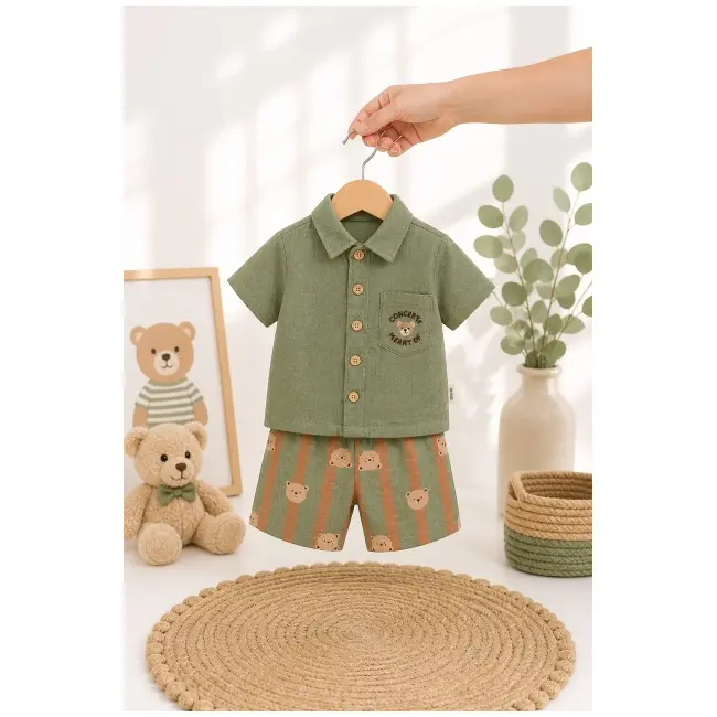 Citir, set pantalonasi si camasuta verde ursuleti by7277-1