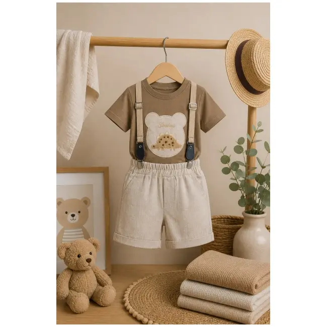Donino, set pantalonasi cu tricou si bretele, maro k90067-1