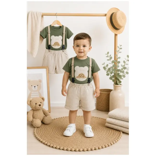 Donino, set pantalonasi cu tricou verde si bretele by90067-1