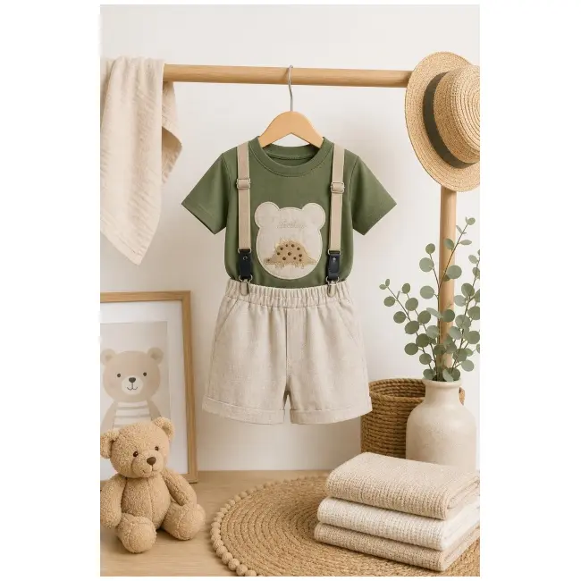 Donino, set pantalonasi cu tricou verde si bretele by90067-1