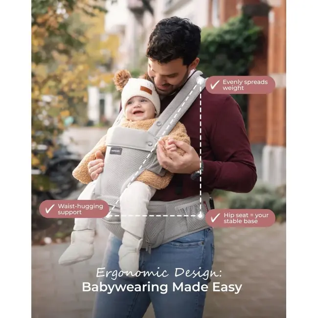 Marsupiu Momcozy cu sezut Mesh respirabil Grey