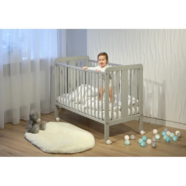 Patut Din Lemn Pentru Bebe, Inaltime Saltea Reglabila, Star Baby Gri 120x60 Cm Pjbstar_cot_grey