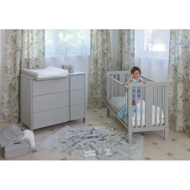 Patut Din Lemn Pentru Bebe, Inaltime Saltea Reglabila, Star Baby Gri 120x60 Cm Pjbstar_cot_grey