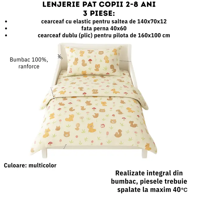 Lenjerie Set 3 piese Lenjerie Cresa - Animalutele padurii pentru saltele 140x70 - ASC6427968009397