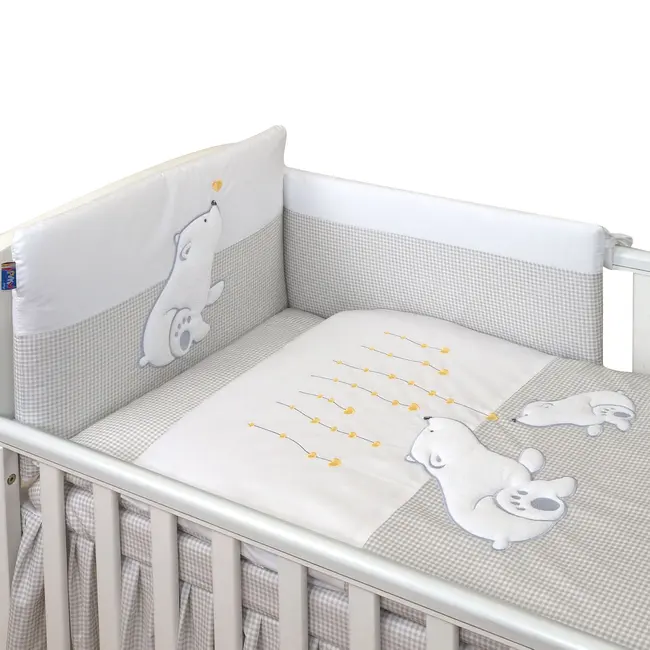 Amy - Lenjerie 3 Piese Cu Protectie Laterala Bear Heart Din Bumbac, 120x60 Cm, Gri Pjb68926