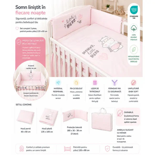 Amy - Lenjerie 3 Piese Cu Protectie Laterala Little Hero Din Bumbac, 120x60 Cm, Roz Pjb80437