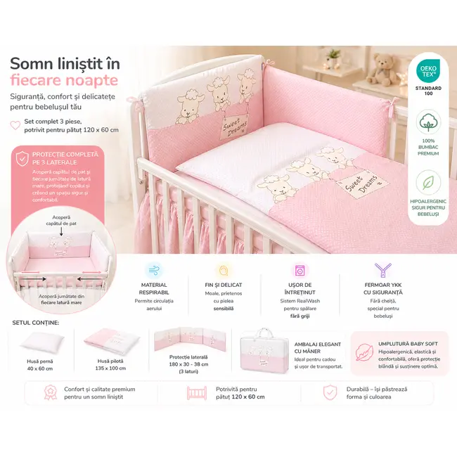 Amy - Lenjerie 3 Piese Cu Protectie Laterala Sweet Dreams Din Bumbac, 120x60 Cm, Roz Pjb66034