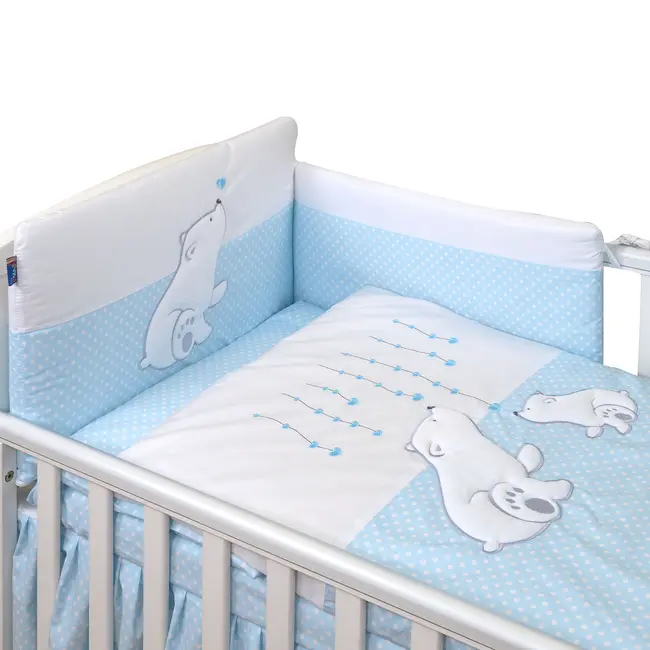 Amy - Lenjerie 4 Piese Cu Protectie Laterala Bear Heart Din Bumbac, 120x60 Cm, Blue Pjb68837