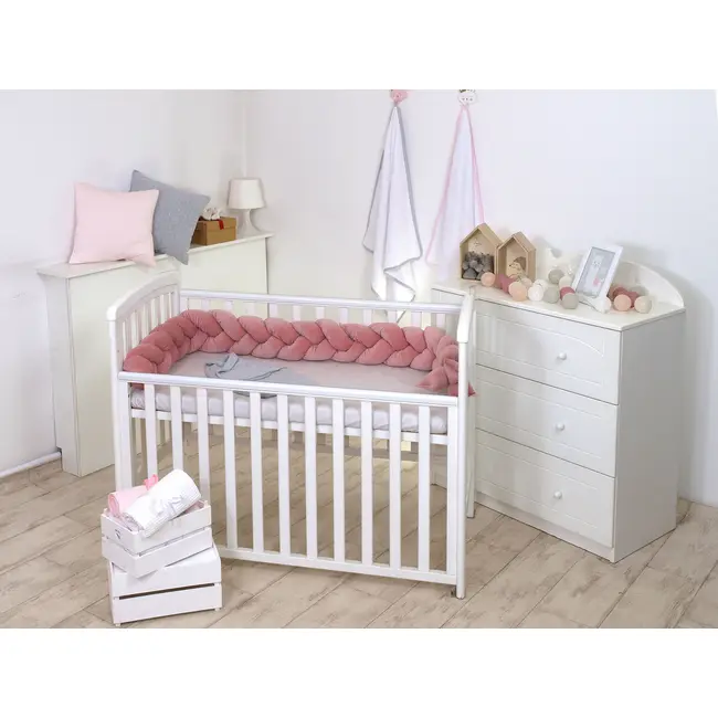 Aparatoare Laterala Pat Bumper Impletit, Cu Inchidere Velcro, Bumbac Velvet Roz, 180x21 Cm Pjb63760