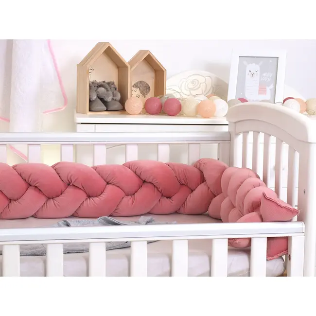 Aparatoare Laterala Pat Bumper Impletit, Cu Inchidere Velcro, Bumbac Velvet Roz, 180x21 Cm Pjb63760