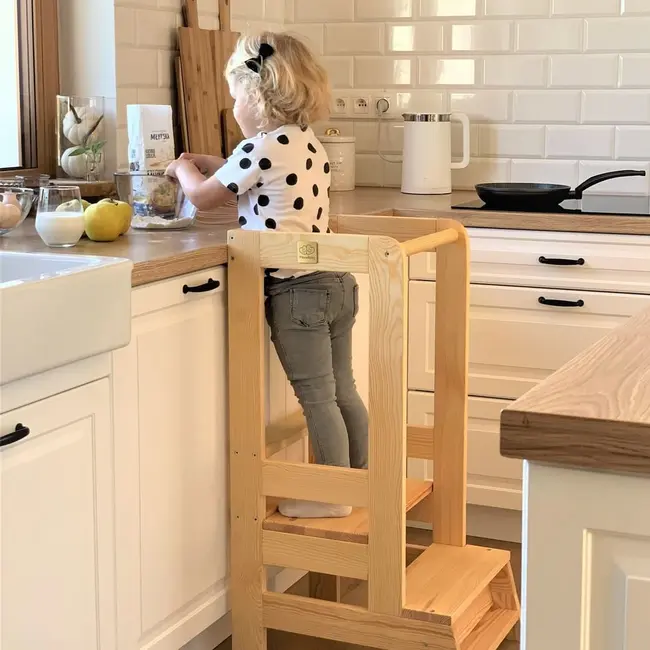 Inaltator Learning Tower Ajustabil, Ajutor De Bucatarie Meowbaby  , Lemn Natur Pjbkh01002