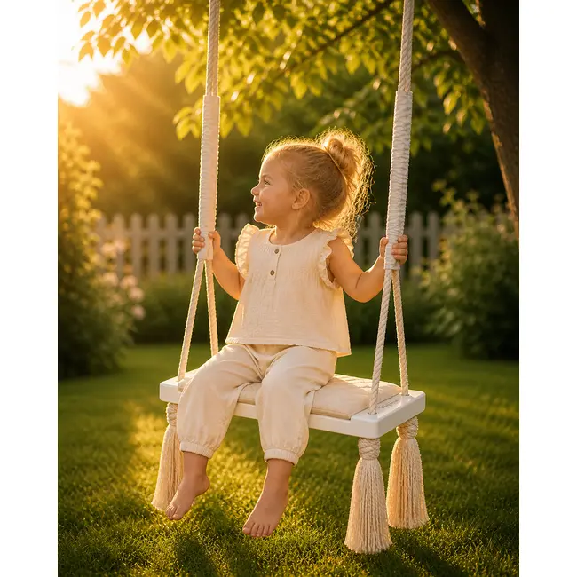 Leagan Copii Babysteps   Woodswing, Lemn, Spuma  Velvet Ecru Premium, Design Scandinav, Pana La 100 Kg Pjbc53113