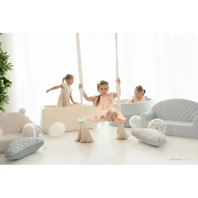 Leagan Copii Babysteps   Woodswing, Lemn, Spuma  Velvet Ecru Premium, Design Scandinav, Pana La 100 Kg Pjbc53113