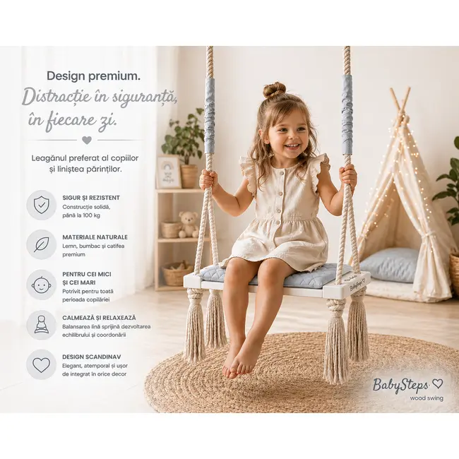 Leagan Copii Babysteps   Woodswing, Lemn, Spuma  Velvet Gri Premium, Design Scandinav, Pana La 100 Kg Pjbc577-3615