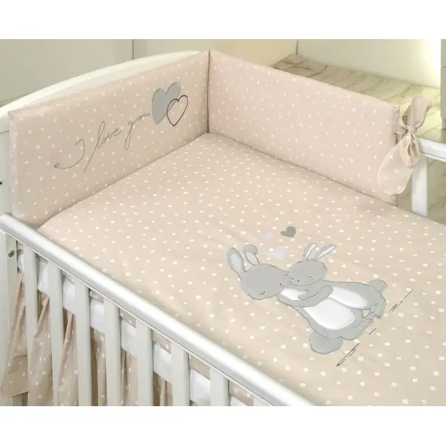 Lenjerie 3 Piese Cu Protectie Laterala Iepuras Din Bumbac, 140x70 Cm, Bej Pjb67436