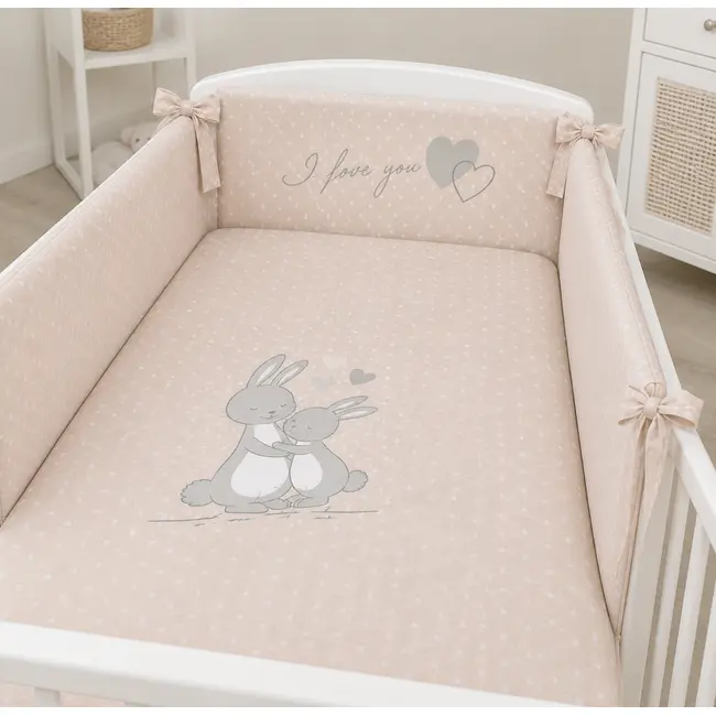 Lenjerie 3 Piese Cu Protectie Laterala Iepuras Din Bumbac, 140x70 Cm, Bej Pjb67436