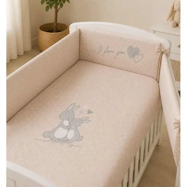 Lenjerie 3 Piese Cu Protectie Laterala Iepuras Din Bumbac, 140x70 Cm, Bej Pjb67436