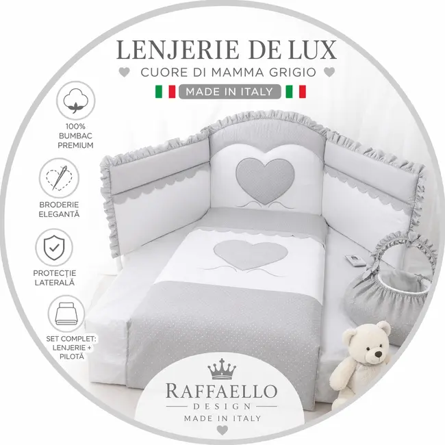 Set Lenjerie De Lux Din Bumbac Cu Broderie, Protectie Laterala, Pilota, Pentru Pat Bebelusi, Cuore Di Mamma Gri, Italia Pjblenj_cuore_grey