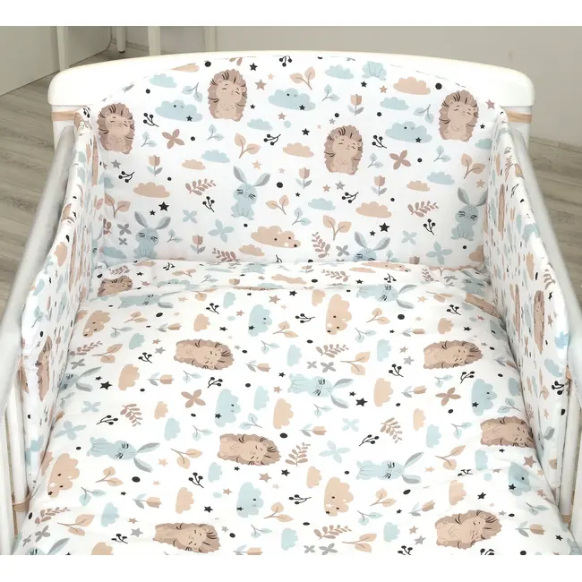 Set Lenjerie Din Bumbac Cu Protectie Laterala Pentru Pat Bebe 120 X 60 Cm, Iepuras Blue, Amy Pjb69679