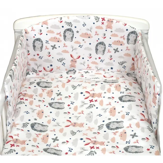 Set Lenjerie Din Bumbac Cu Protectie Laterala Pentru Pat Bebe 120 X 60 Cm, Iepuras Roz, Amy Pjb69680