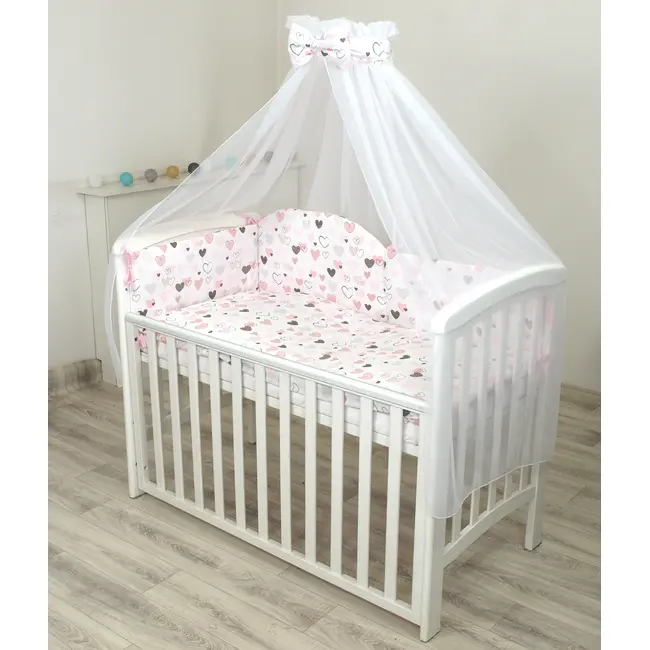 Set Lenjerie Din Bumbac Cu Protectie Laterala Pentru Pat Bebe 120 X 60 Cm, Inimioare , Amy Pjb83603