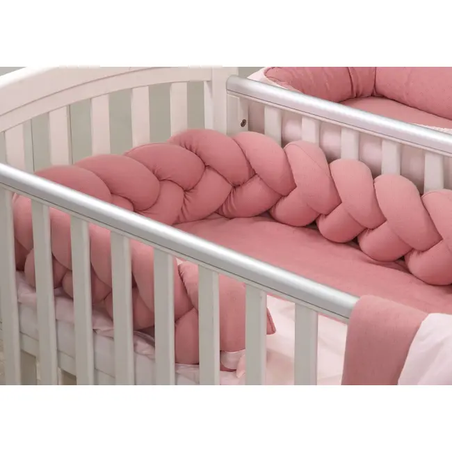 Aparatoare Laterala Pat Bumper Impletit Cu Inchidere Velcro, Bumbac Tricot Roz, 180x21 Cm Pjb84409