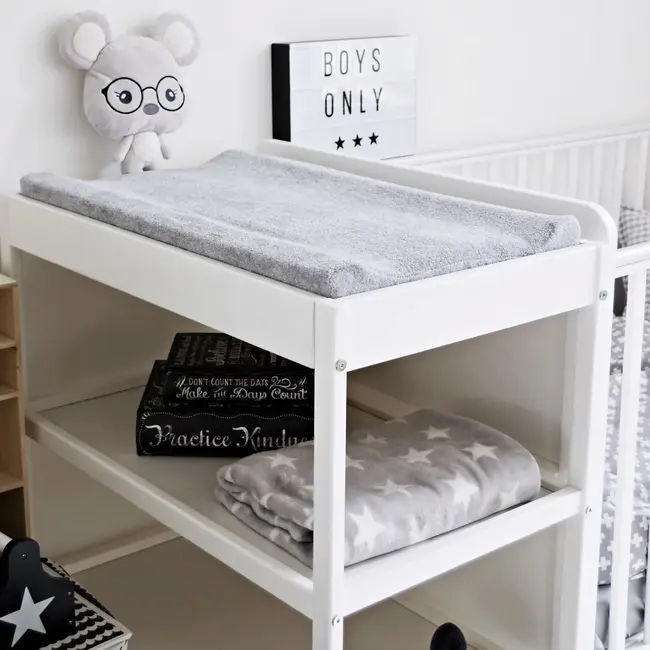 Masa Infasat Pentru Bebelusi, Lemn Masiv, Gri 76 X 44 X 86 Cm, Cu 2 Rafturi De Depozitare Inalte,inclus Saltea Din Spuma, Husa Detasabila Bumbac, Woodies, 40 X 70 Cm Pjbclassic_changer_grey+311180