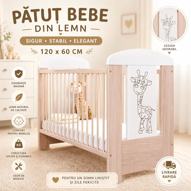 Patut Bebe Cu Inaltime Reglabila A Saltelei, Giraffe Santana, 120x60 Cm Pjbdrw_2016_20