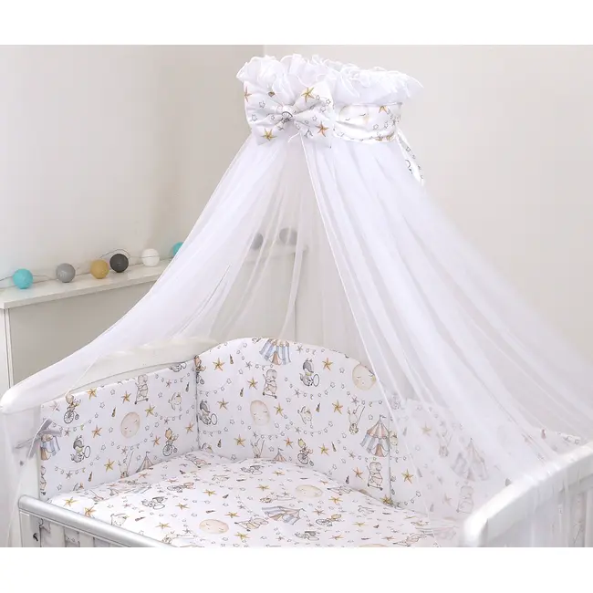 Set Lenjerie Din Bumbac Cu Protectie Laterala Pentru Pat Bebe 120 X 60 Cm, Circ Blue, Amy Pjb84774