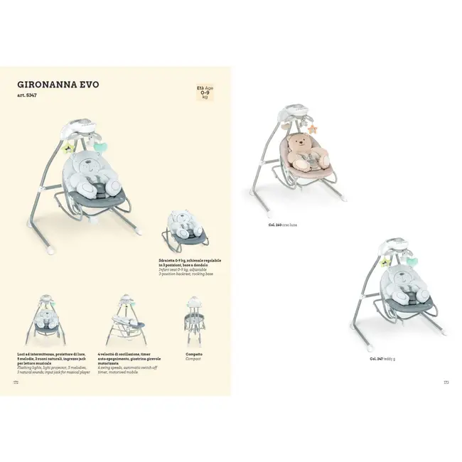 Balansoar Si Scaun 2 In 1 Pentru Bebelusi, Cu Melodii Si Proiector ,   Orso Grigio (0,  9 Kg) Pjbs347/247