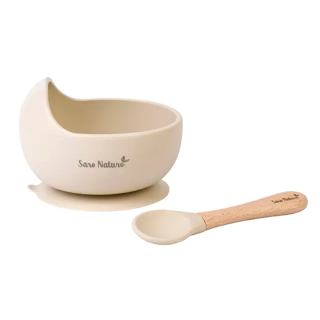 Bol Anti-alunecare Din Silicon Alimentar Si Lingurita, Set De 2 Piese Pentru Diversificare, Sand Pjb17396