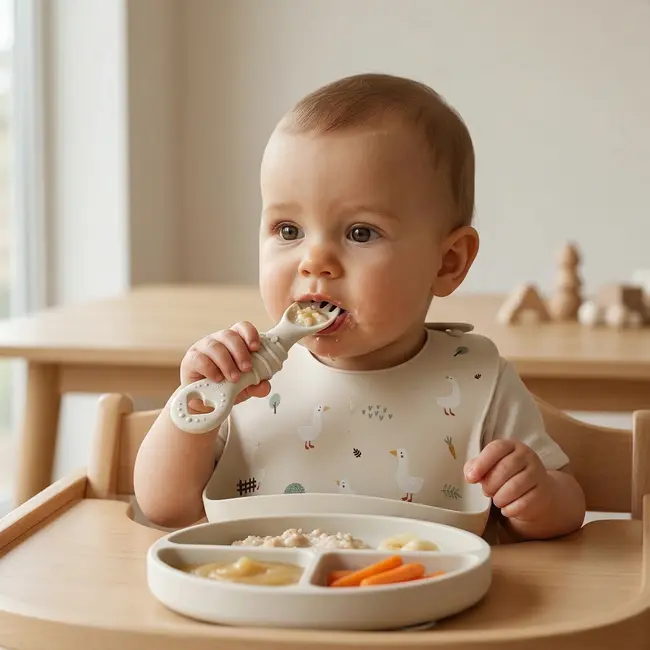 Furculita Si Lingura Babysteps   2in1, Silicon Alimentar 100%, Fara Bpa, Bps, Pvc Si Ftalati, Cream Pjbfl_c