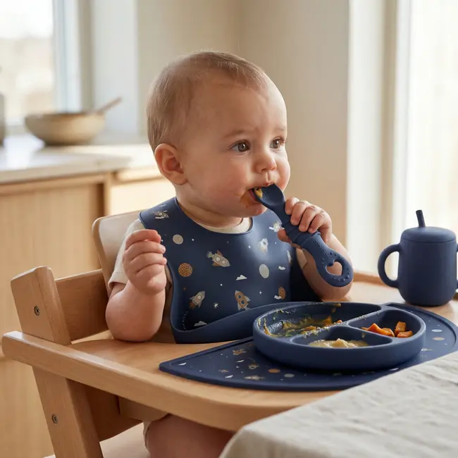 Furculita Si Lingura Babysteps   2in1, Silicon Alimentar 100%, Fara Bpa, Bps, Pvc Si Ftalati, Navy Pjbfl_n