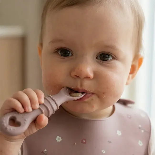 Furculita Si Lingura Babysteps   2in1, Silicon Alimentar 100%, Fara Bpa, Bps, Pvc Si Ftalati, Rose Pjbfl_r