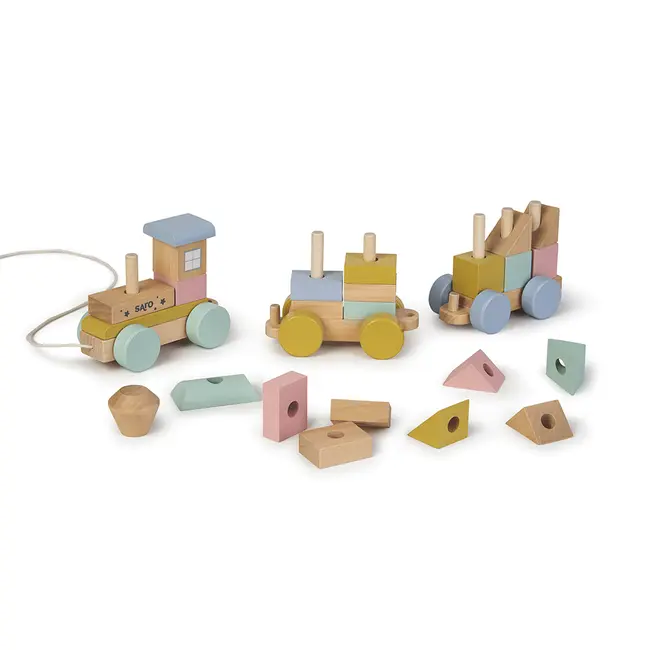 Jucarie Din Lemn, Trenulet Cu Forme De Construit, Multicolor, Saro Baby Pjb3341