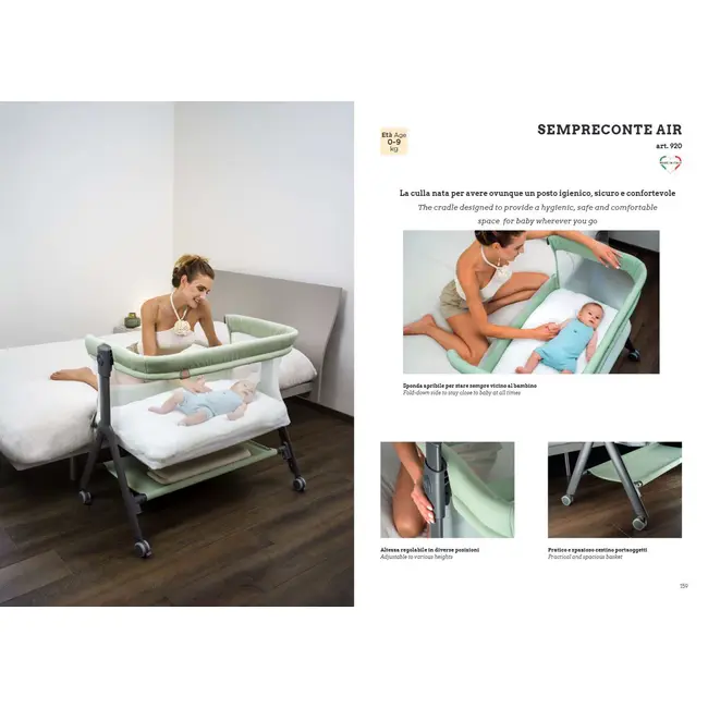 Patut, Sempreconte Air, Co-sleeper 2 In 1, Cu Laterala Culisanta, Cu Setare Unghiulara, Cu Roti, Geanta Voiaj, Reglabil In 8 Pozitii Pe Inaltime, Mint Pjbart920-t170