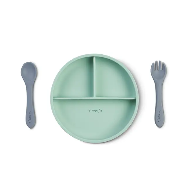Set Diversificare Bebelusi, Silicon Alimentar Premium, 4 Piese ,   Farfurie Sectionata, Lingurita, Furculita, Cana ,    , &oelig;food  Fun,   Mint Pjb17601