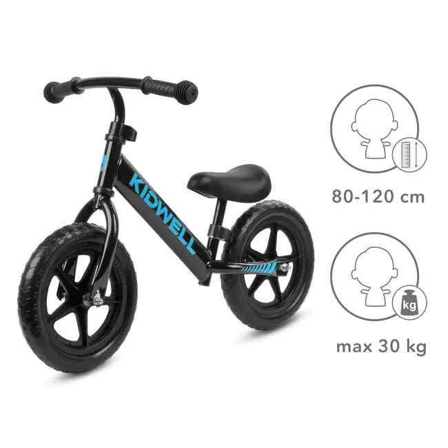 Bicicleta De Echilibru Fara Pedale Pentru Copii, Kidwell Rebel Black, 2.64 Kg, Roti Eva 28 Cm, Reglabila, 80,  120 Cm, Max. 30 Kg Pjbrobireb14a0