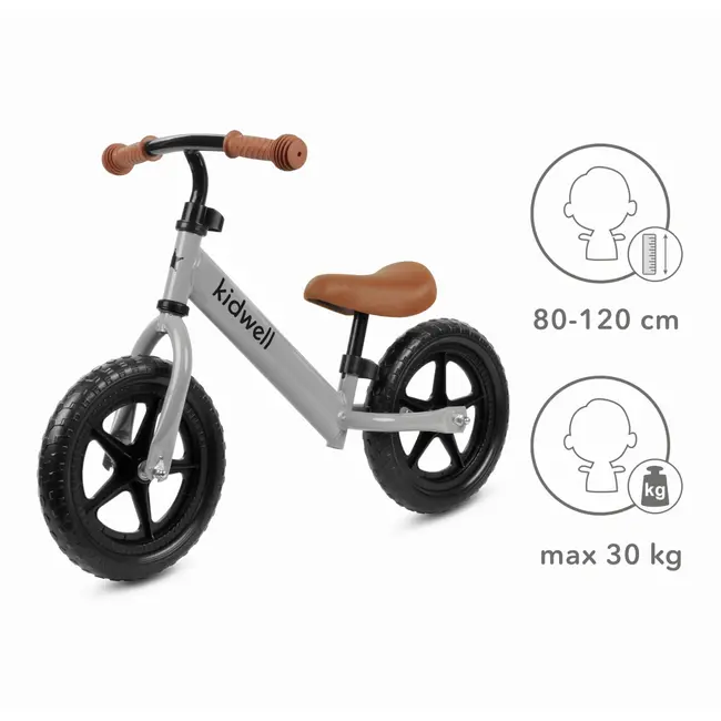 Bicicleta De Echilibru Fara Pedale Pentru Copii, Kidwell Rebel Gray, 2.64 Kg, Roti Eva 28 Cm, Reglabila, 80,  120 Cm, Max. 30 Kg Pjbrobireb15a0