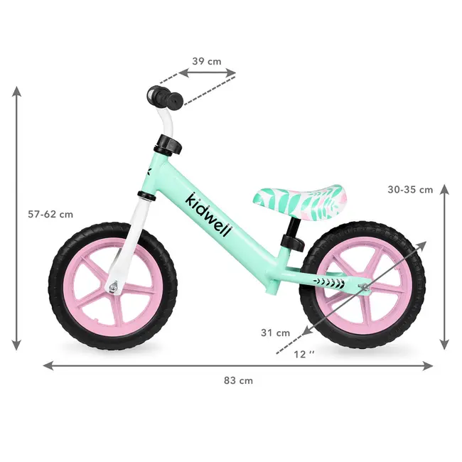 Bicicleta De Echilibru Fara Pedale Pentru Copii, Kidwell Rebel Mint, 2.64 Kg, Roti Eva 28 Cm, Reglabila, 80,  120 Cm, Max. 30 Kg Pjbrobirel02a0
