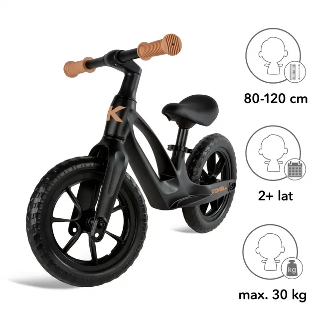 Bicicleta De Echilibru Fara Pedale Pentru Copii, Kidwell Vito Black , Cadru Magneziu, 2.8 Kg, Roti Eva 28 Cm, Reglabila, 80,  120 Cm, Max. 30 Kg Pjbrobivit02a0