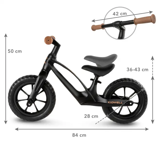 Bicicleta De Echilibru Fara Pedale Pentru Copii, Kidwell Vito Black , Cadru Magneziu, 2.8 Kg, Roti Eva 28 Cm, Reglabila, 80,  120 Cm, Max. 30 Kg Pjbrobivit02a0