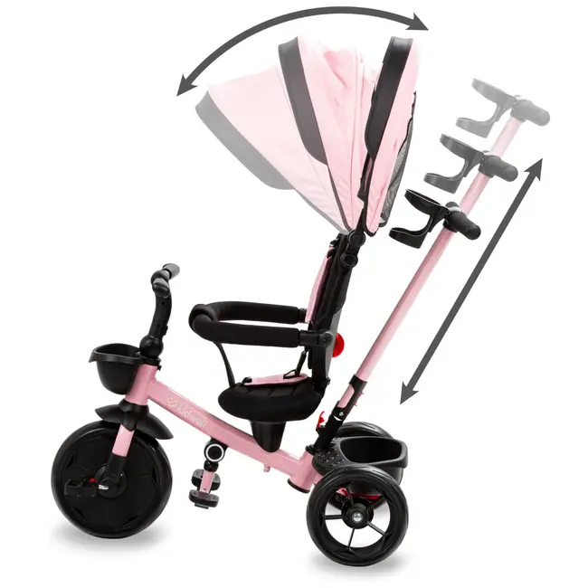 Tricicleta Pentru Copii Kidwell Axel Gri Cu Sezut Rotativ, Roti Din Spuma Eva, Suport Pentru Picioare, Control Parental, Suport Pentru Pahar, Centura De Siguranta, Greutate Admisa 25 Kg, Roz Pjbrotraxe01a0