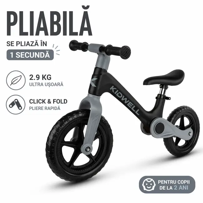 Bicicleta De Echilibru Fara Pedale Pentru Copii, Pliabila, Kidwell Flex Black, Ultra Usoara 2.9 Kg, Roti Eva 29 Cm, Reglabila, 80,  120 Cm, Max. 30 Kg Pjbrobifle01a1
