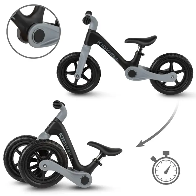 Bicicleta De Echilibru Fara Pedale Pentru Copii, Pliabila, Kidwell Flex Black, Ultra Usoara 2.9 Kg, Roti Eva 29 Cm, Reglabila, 80,  120 Cm, Max. 30 Kg Pjbrobifle01a1
