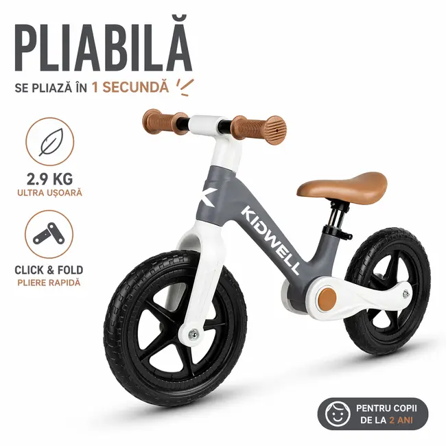 Bicicleta De Echilibru Fara Pedale Pentru Copii, Pliabila, Kidwell Flex Gray, Ultra Usoara 2.9 Kg, Roti Eva 29 Cm, Reglabila, 80,  120 Cm, Max. 30 Kg Pjbrobifle04a1