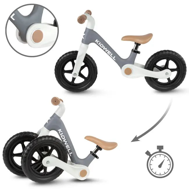 Bicicleta De Echilibru Fara Pedale Pentru Copii, Pliabila, Kidwell Flex Gray, Ultra Usoara 2.9 Kg, Roti Eva 29 Cm, Reglabila, 80,  120 Cm, Max. 30 Kg Pjbrobifle04a1