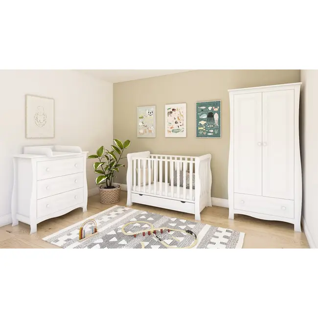 Patut 2 In 1 Megan Alb 120x60 Cm Din Lemn, 3 Niveluri Somiera, Trepte Detasabile + Bariera Transformare + Sertar Integrat Pjbmeganfull