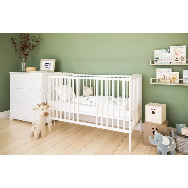 Patut 2 In 1 Pure Alb 120x60 Cm Din Lemn, 3 Niveluri Somiera, Trepte Detasabile + Bariera Transformare Pjbgrzesbw