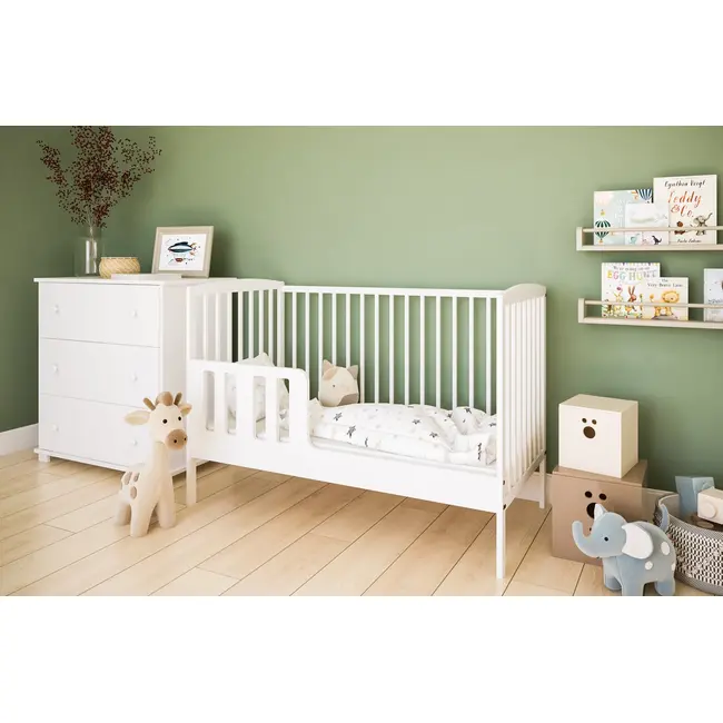 Patut 2 In 1 Pure Alb 120x60 Cm Din Lemn, 3 Niveluri Somiera, Trepte Detasabile + Bariera Transformare Pjbgrzesbw